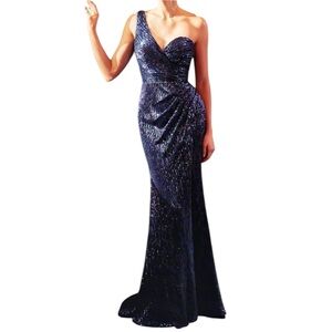 Cinderella Divine XL Navy Blue Sequin One Shoulder Gown